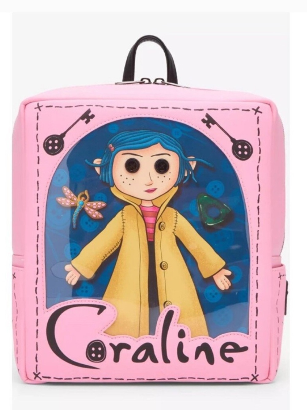 Loungefly Pink Coraline Character Backpack with Yellow Coat Graphic